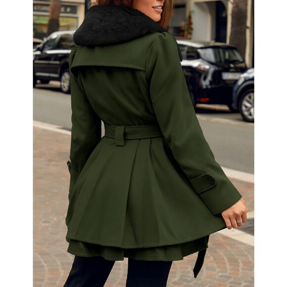 Women's Army Green Zeagoo Winter Trench Coat Faux Fur Lapel Double Breasted - Picture 3 of 4